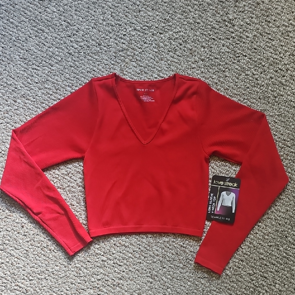 Vibrant Red Long Sleeve V-Neck Top